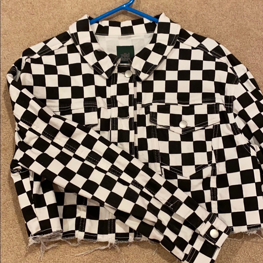 checkered crop denim jacket
